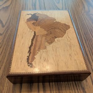 Handmade Wooden Box with South America Map Inlay, Lockable, 10x8x2 Inches